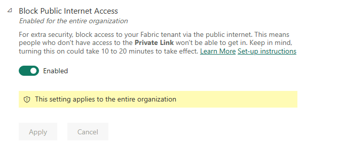 Screenshot showing the Block Public Internet Access tenant setting enabled.