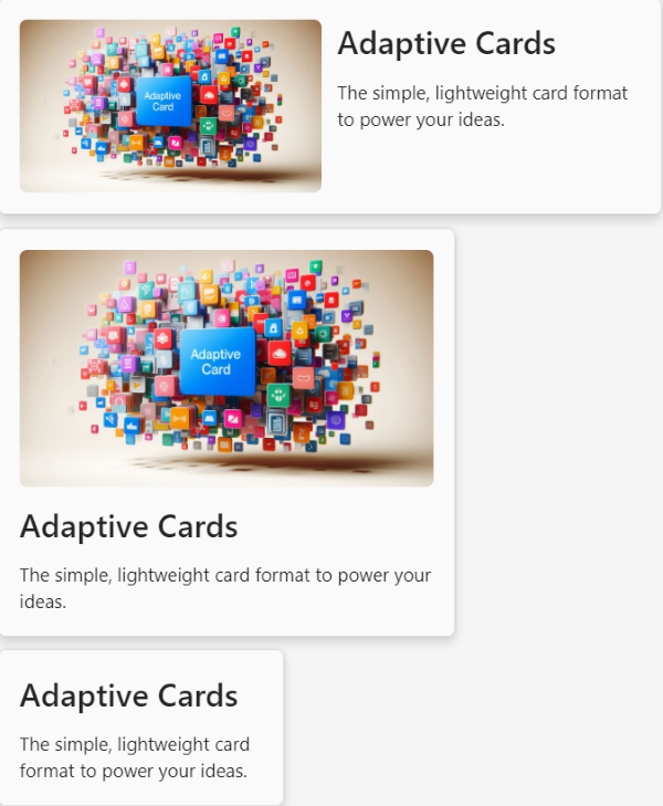 Screenshot shows an Adaptive Card in different layouts.