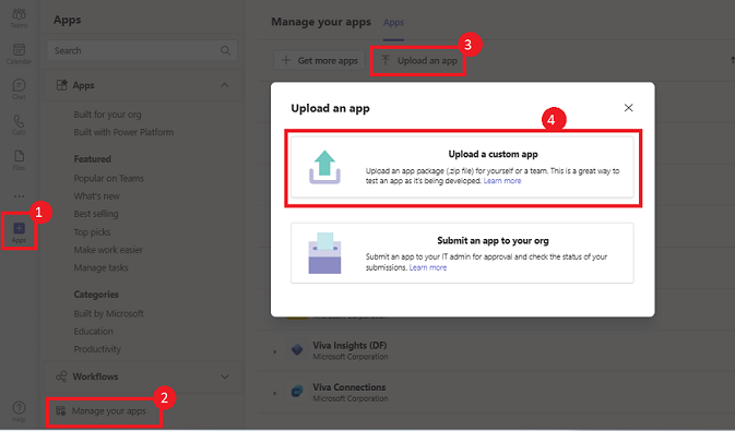 Screenshot of Teams app with the Apps icon, Manage your apps, and showing the selection of Upload a custom app option highlighted in red.