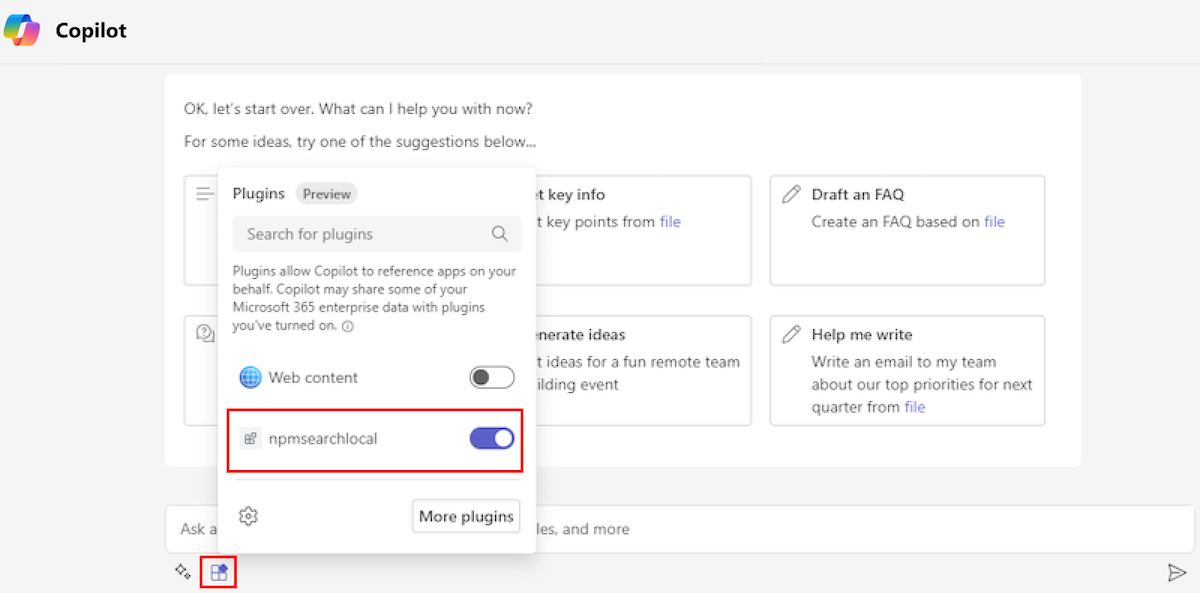 Screenshot shows the Plugin option, list of plugins, and the toggle enabled for bot-based-ME-test-local plugin.