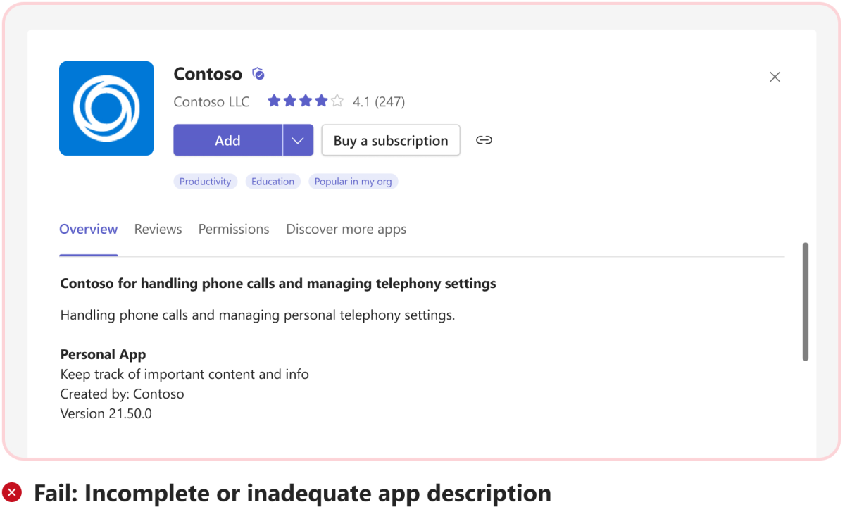 Graphic shows a failed scenario for an inadequate app description.