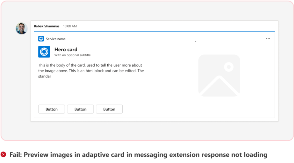 Graphic shows an example of preview image not loading in adaptive card.