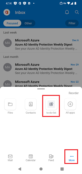 Screenshot shows the More option of the Outlook app on iOS.
