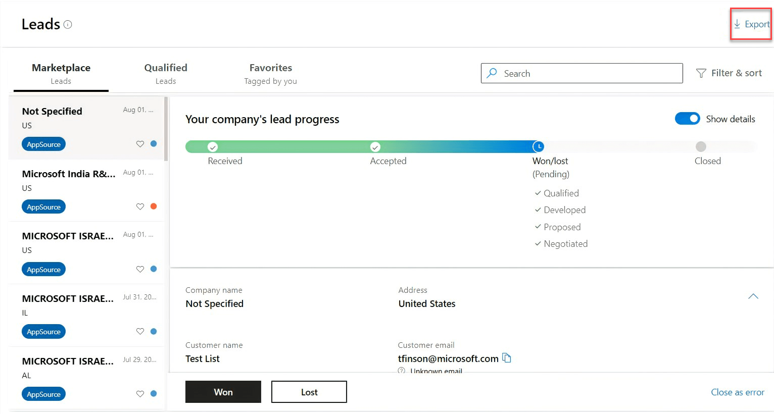 Screenshot of the Leads screen in Partner Center with the Export button highlighted.