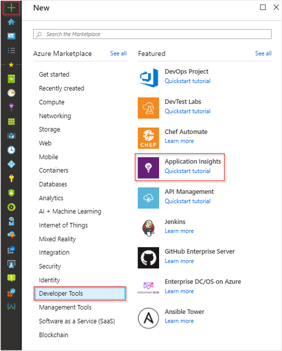 Screenshot that shows selecting the + sign in the upper-left corner, Developer Tools, and Application Insights.