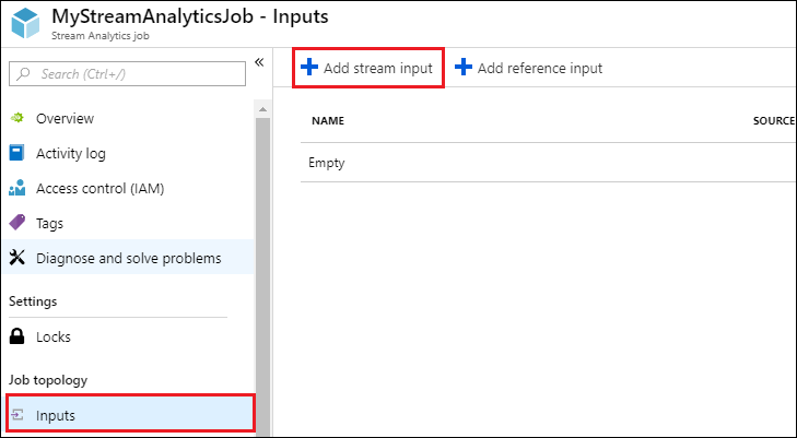 Screenshot of the Stream Analytics Job blade with the Inputs option and the Add stream input option called out.