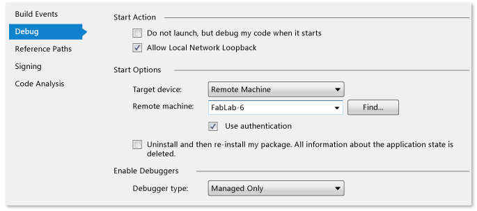 Managed project properties for remote debugging