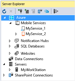 Server Explorer showing Azure Tools node expanded