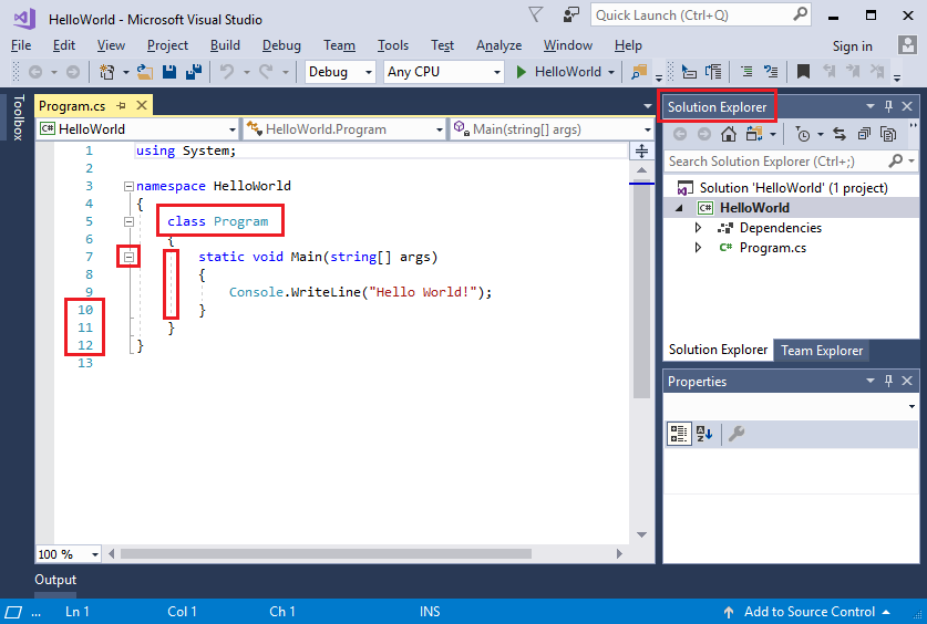 Screenshot that shows the Visual Studio IDE with red boxes.