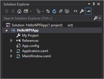 Screenshot shows Solution Explorer with Hello W P F App files loaded.