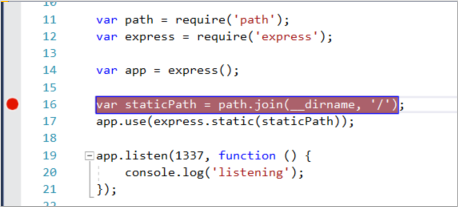 Screenshot of the Visual Studio code window showing JavaScript code. A red dot in the left gutter indicates that a breakpoint is set.