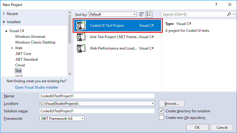 Coded UI test project template in New Project dialog