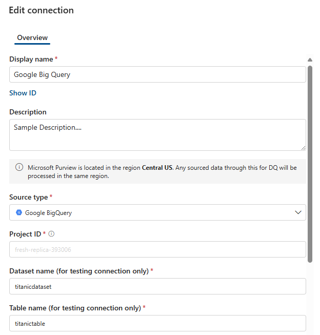 Screenshot that shows how to set up google BigQuery connection.