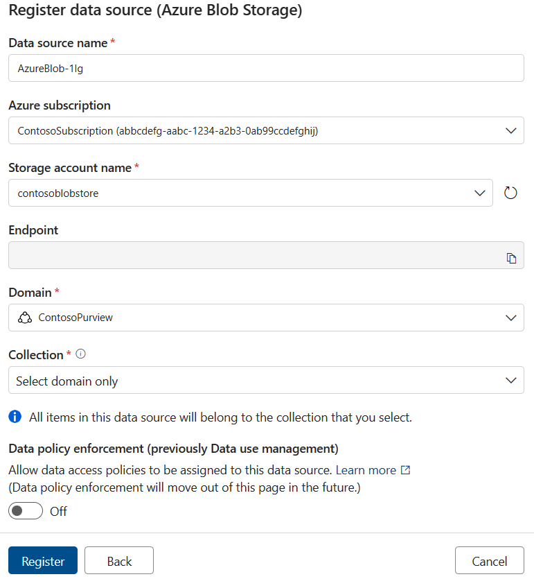 Screenshot of the Register data source page, showing a domain selected an Select domain only selected for the collection.