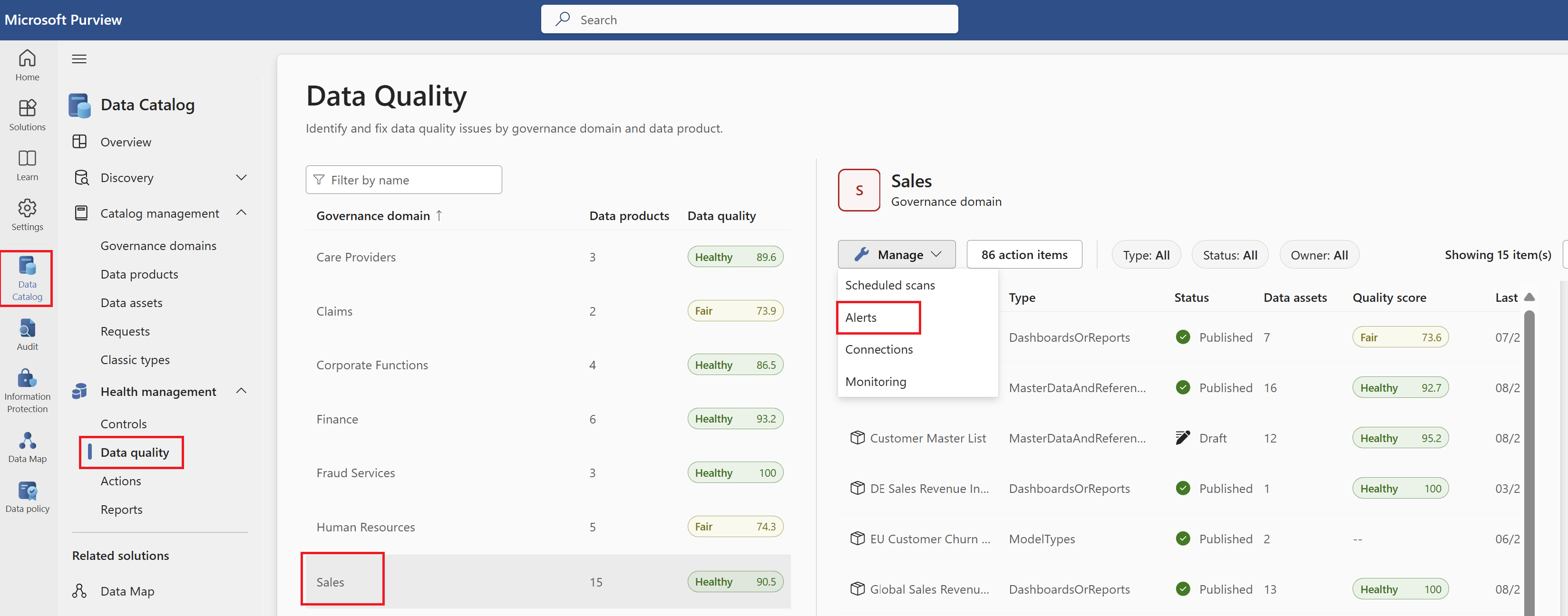 Screenshot of navigating from the data quality page, through a governance domain, to the alerts page.