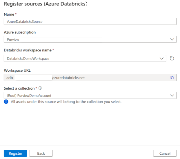 Screenshot of registering Azure Databricks source.