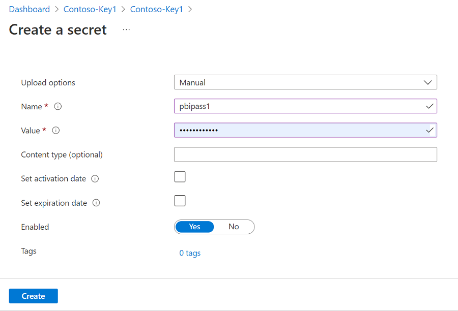 Screenshot how to generate an Azure Key Vault secret.