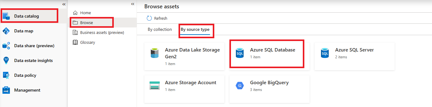 Screenshot of the portal showing the path from Data Catalog to Browse to By source type and the asset highlighted.