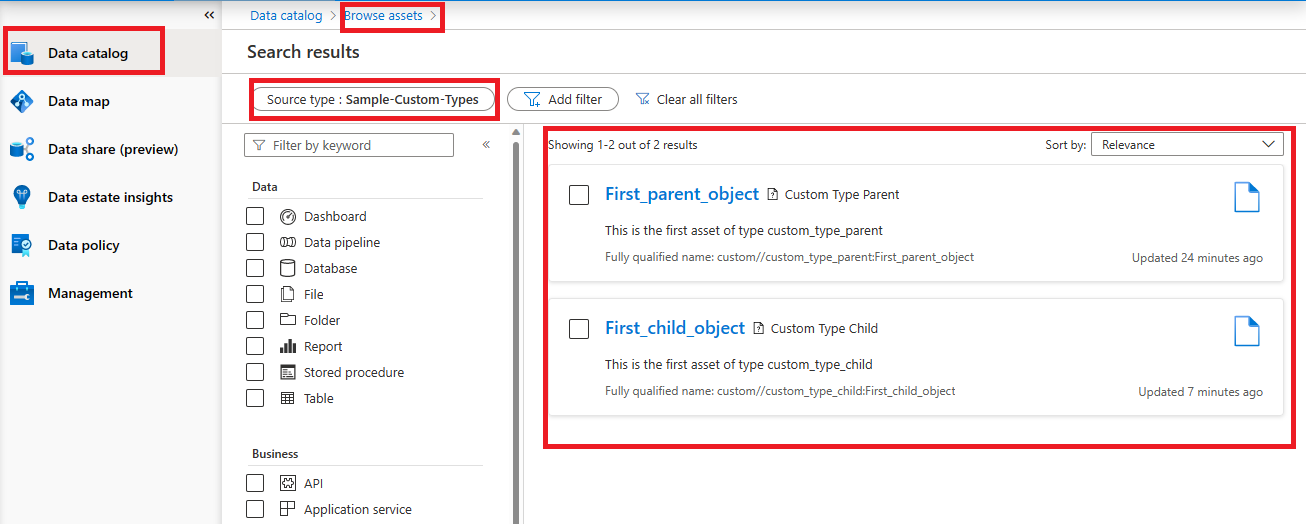 Screenshot showing the path from the Data Catalog to Browse assets with the filter narrowed to Sample-Custom-Types.