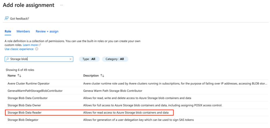 Screenshot of the add role assignment menu, with Storage Blob Data Reader selected from the list of available roles.