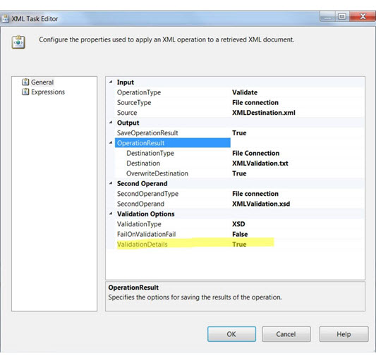 XML task properties in the XML Task Editor