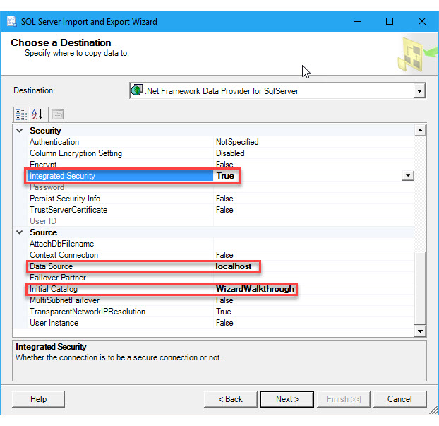 Choose the SQL Server destination