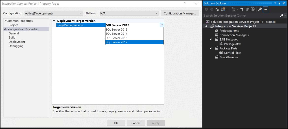 TargetServerVersion property in project properties dialog box