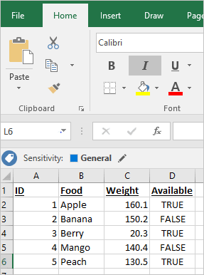 Screenshot of Excel.