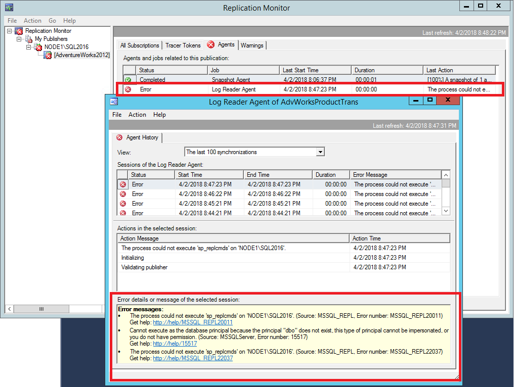 Screenshot of Error details for the Log Reader Agent.