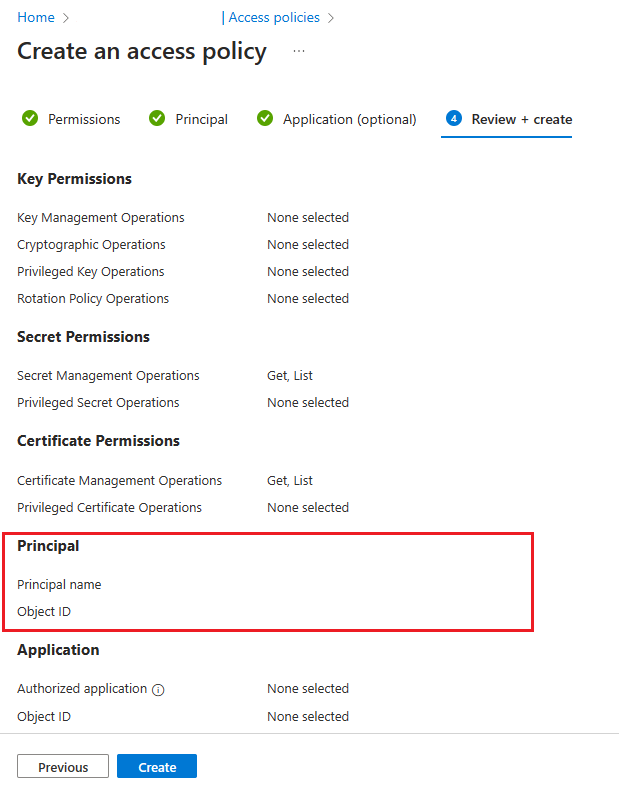 Screenshot of Azure portal to review and create access policy.