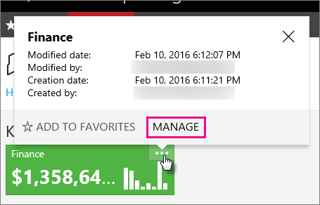 Screenshot of the ellipsis option for a KPI selected and the MANAGE option called out.