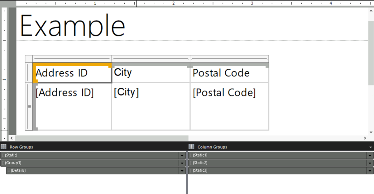 Screenshot of Report Builder showing a matrix with groups shown in the Grouping pane.