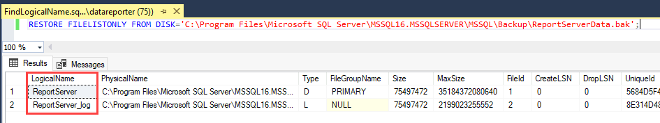 Screenshot of a RESTORE FILELISTONLY statement in a SQL Server Management Studio query window. In the output, the LogicalName column is highlighted.