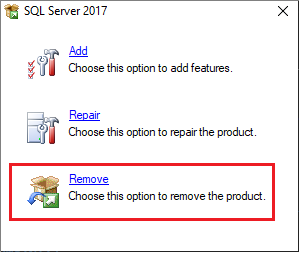 Screenshot showing how to remove SQL Server.