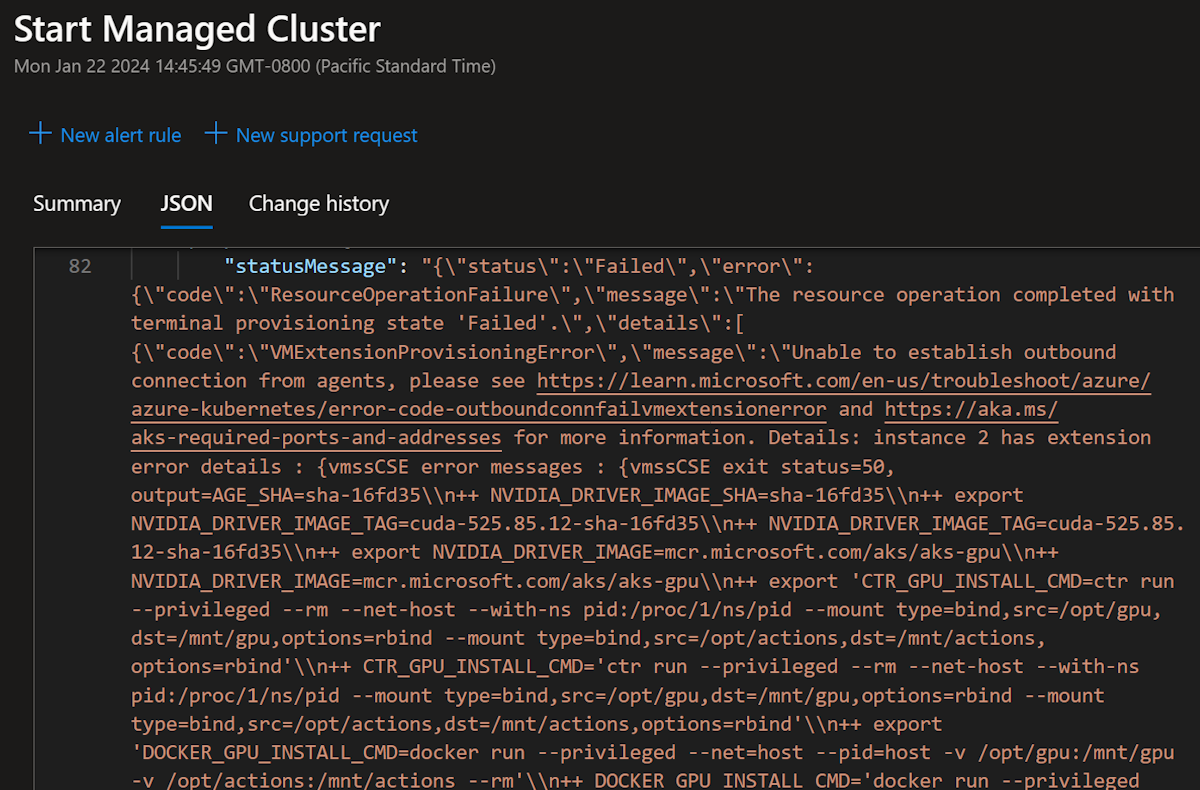 Screenshot of a suboperation side pane of an AKS cluster activity log showing why a start operation failed.