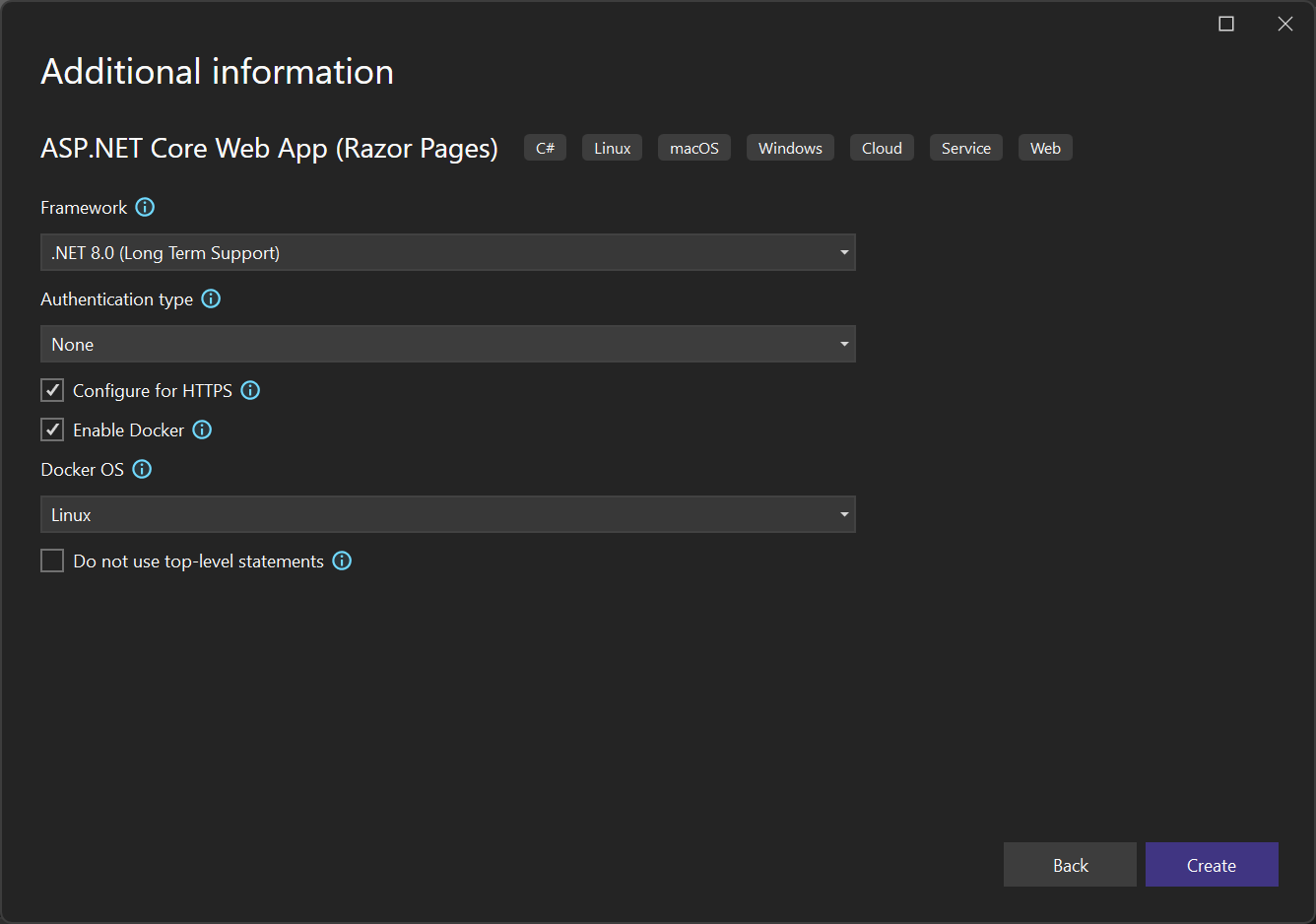 Screenshot of Enable Docker Support checkbox.