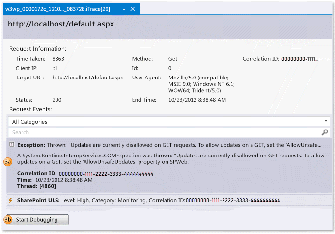 IntelliTrace log file - View web request + events