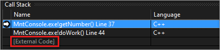 Screenshot of External Code in the Call Stack window.