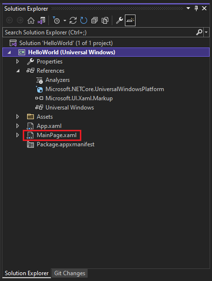 Screenshot of the Solution Explorer window showing the properties, references, assets, and files in the HelloWorld project. The file MainPage.xaml is selected.