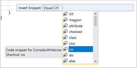 Screenshot of an IntelliSense pop-up for a C# code snippet list.