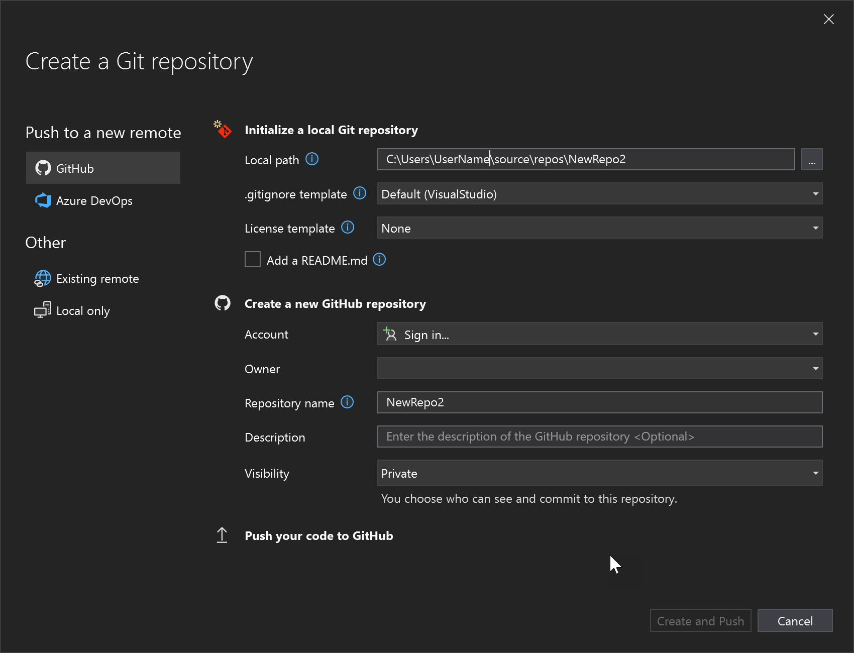 Screenshot of the Create Git Repository dialog in Visual Studio with the GitHub selection highlighted.