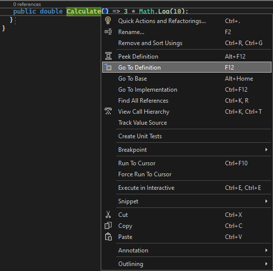 Screenshot that shows the Go to Definition menu item.