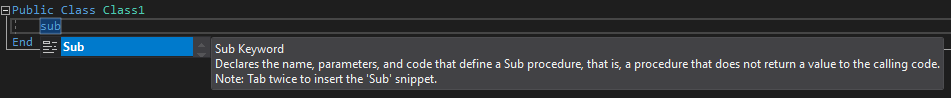 Screenshot of the IntelliSense for a Sub code snippet in Visual Studio.