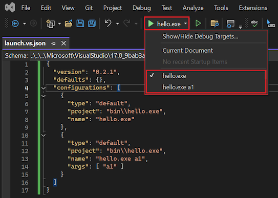 Screenshot that shows available configurations in the Debug target dropdown list in Visual Studio Solution Explorer.