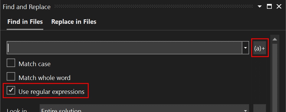 Screenshot of the Find in Files dialog box that includes and outline around the Expression Builder button and the Use Regular Expressions checkbox.