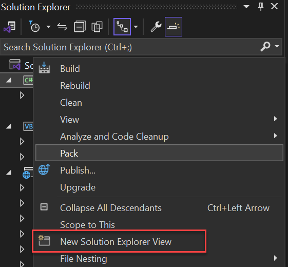 Screenshot of the New Solution Explorer View from the right-click context menu in Solution Explorer.