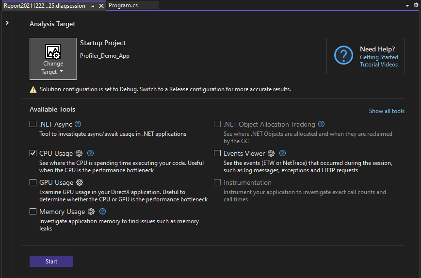 Screenshot of Performance Profiler.