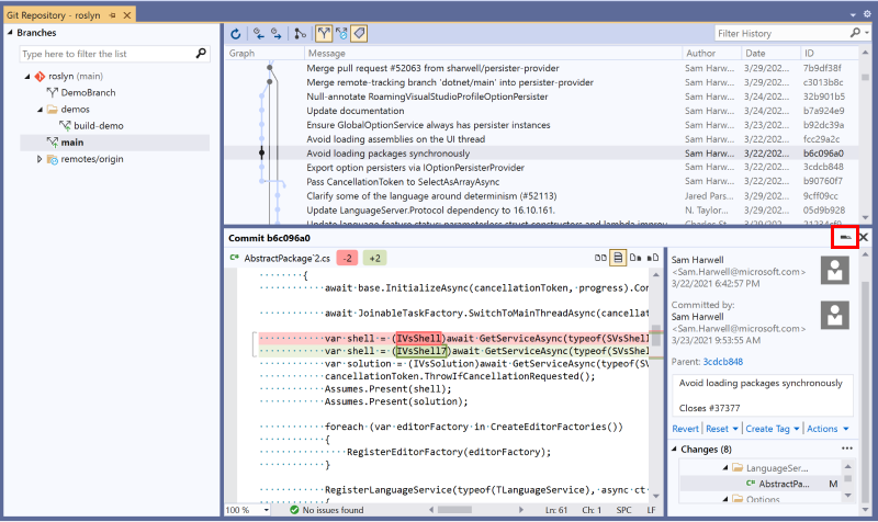 Embedded commit details and file comparison in Git Repository window.