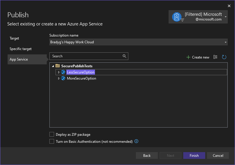 Azure Tools Secure Publish Disabled