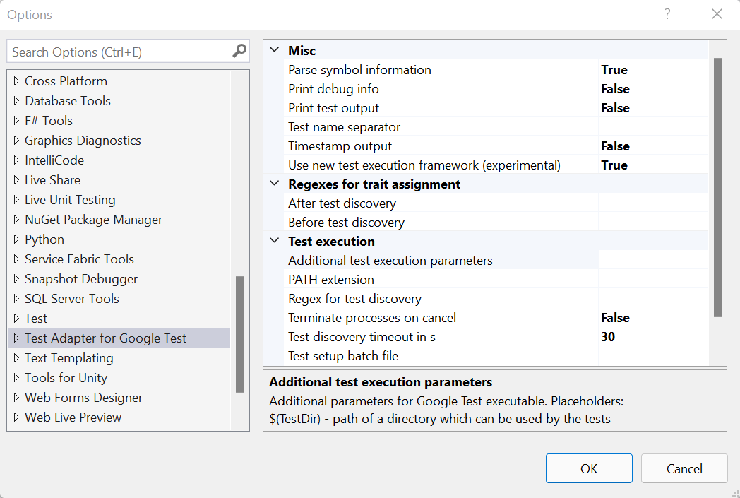 Google Test Project settings